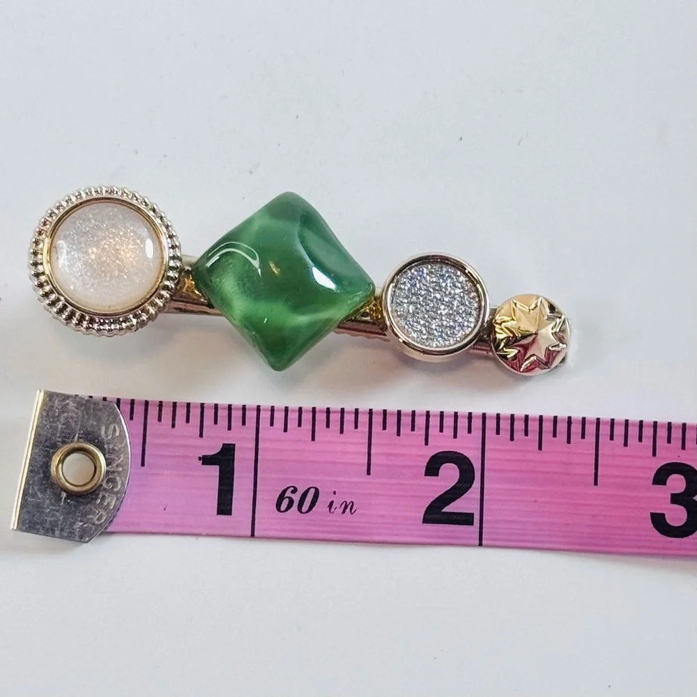 Green & Gold Jeweled Hair Clip – Elegant Textured Accent Barrette